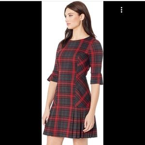 Tahari Red Plaid Pleated Ruffle Hem Dress